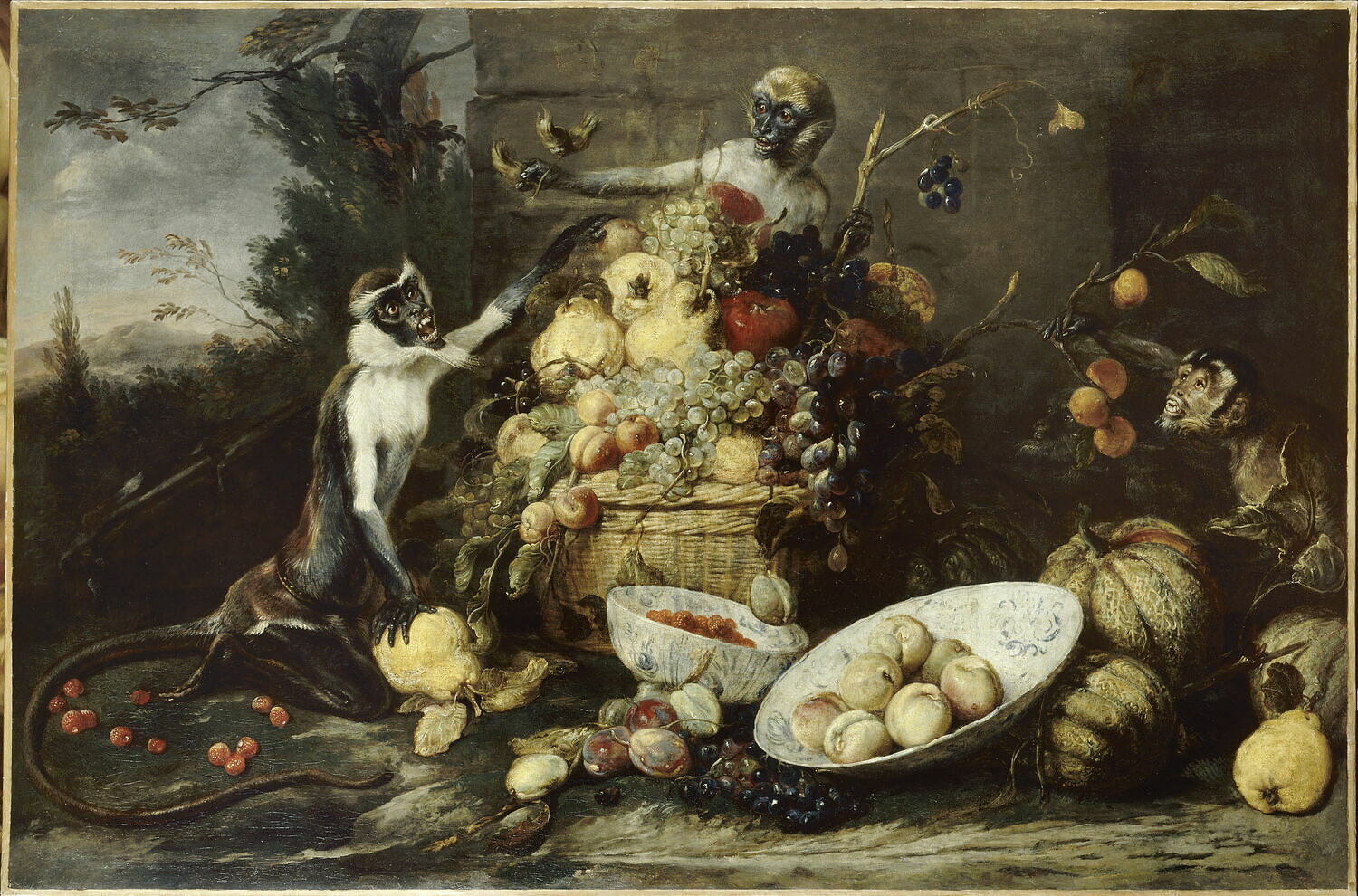 Trois Singes Voleurs De Fruits Avec chapp e Sur Un Paysage Louvre 