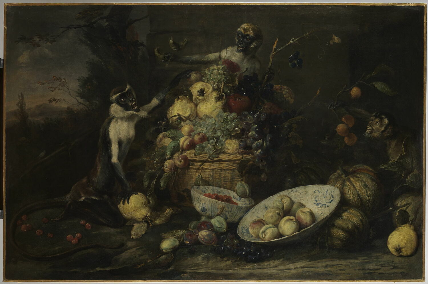 Trois Singes Voleurs De Fruits Avec chapp e Sur Un Paysage Louvre 