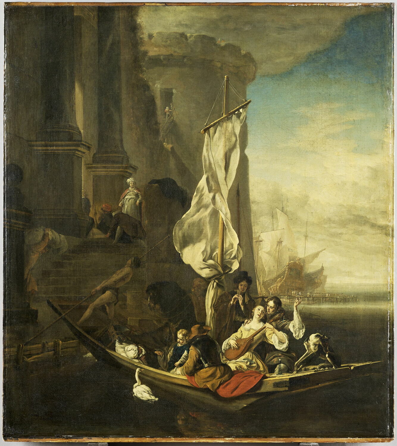 Personnages de fantaisie dans une barque avec une joueuse de cistre, Weenix, Jan, 3e quart du XVIIe siècle (f. 16[6 ?]6 (signature et date suspectes). Date à lire 1666 plutôt que 1656 ou 1686.) (1666)