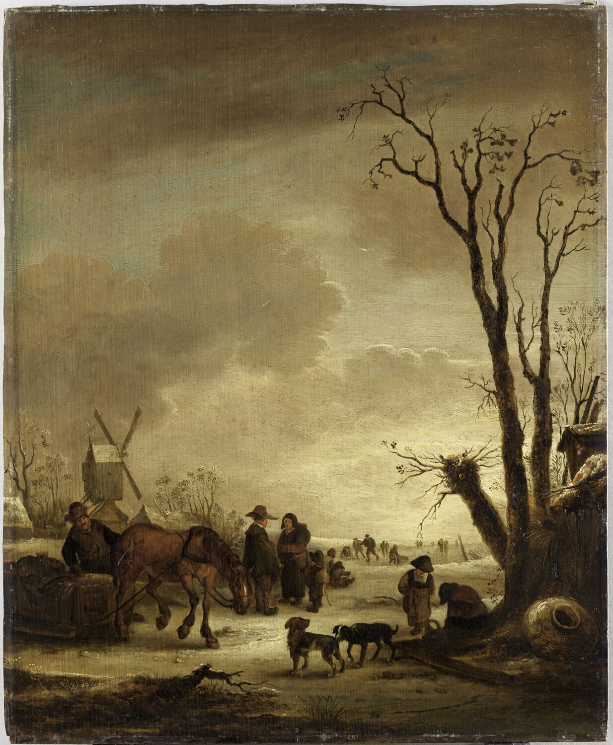 Paysage d'hiver avec moulin, patineurs et cheval attelé à un traîneau, Ostade, Isaack van, 2e quart du XVIIe siècle (1644)
