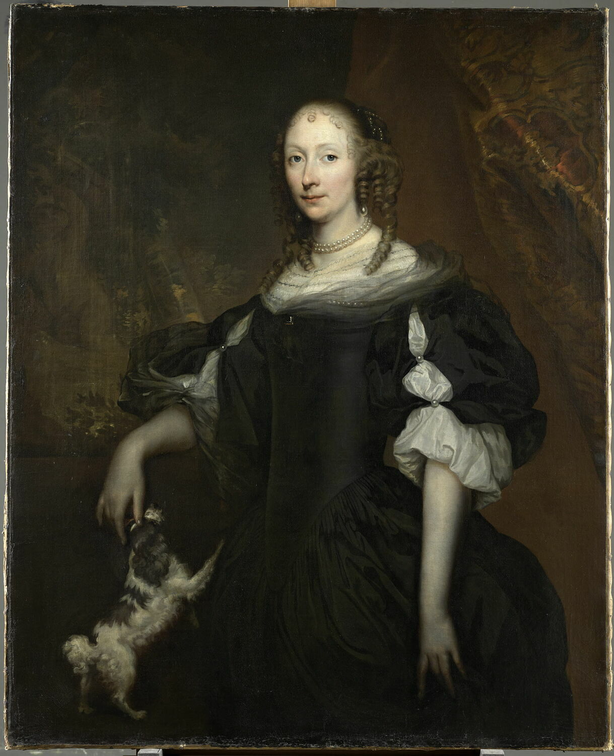 Portrait d'une dame de qualité sur un fond de parc, avec un épagneul nain à ses côtés, Baen, Jan de, 2e quart du XVIIe siècle (1628)