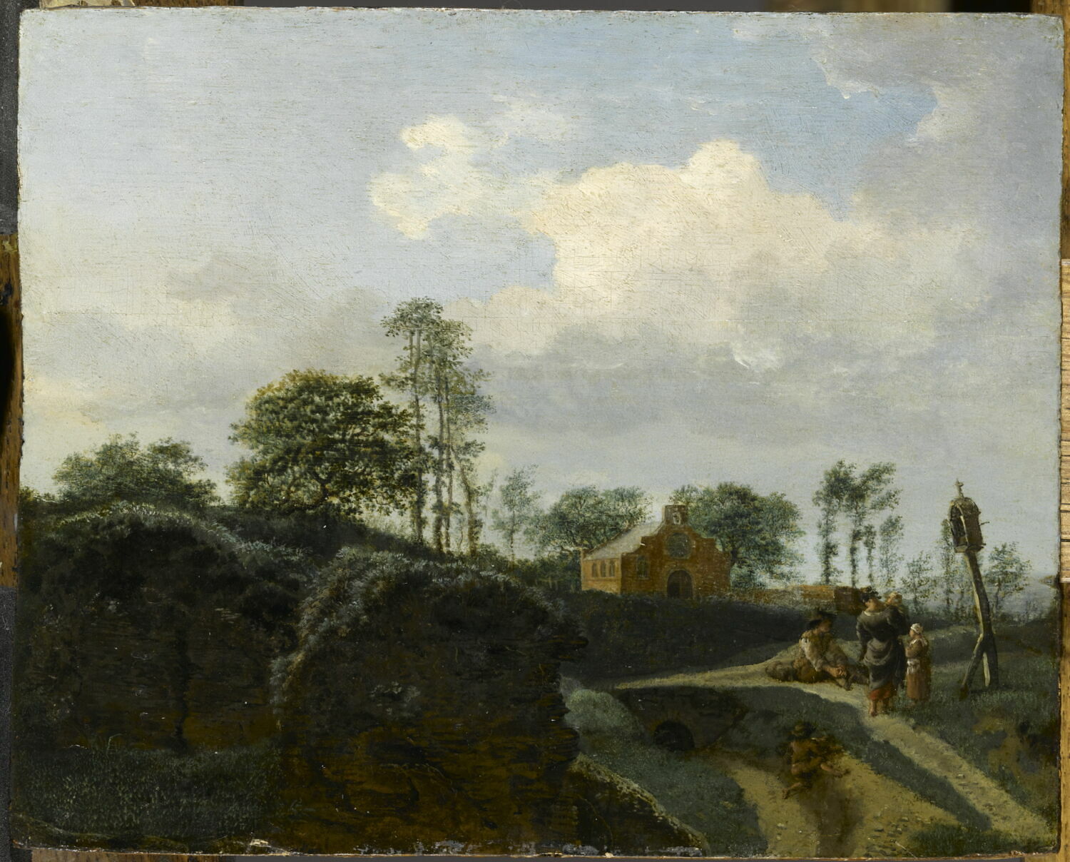 Paysage avec une famille de paysans devant un oratoire, Heyden, Jan van der, 2e moitié du XVIIe siècle (à cause des figures qui sont manifestement de la main d' Adriaen van de Velde.) (attribution d'après style) (avant 1672)