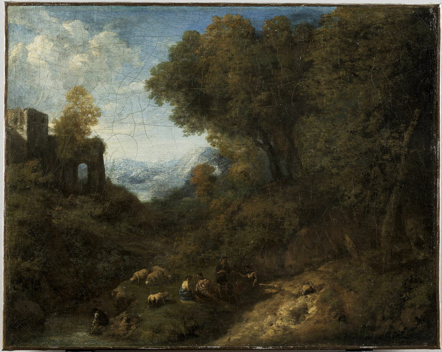 Paysage avec une ruine. Bergers et troupeaux au bord d'un ruisseau, Huysmans, Cornelis, XVIIe siècle (1600 - 1700)
