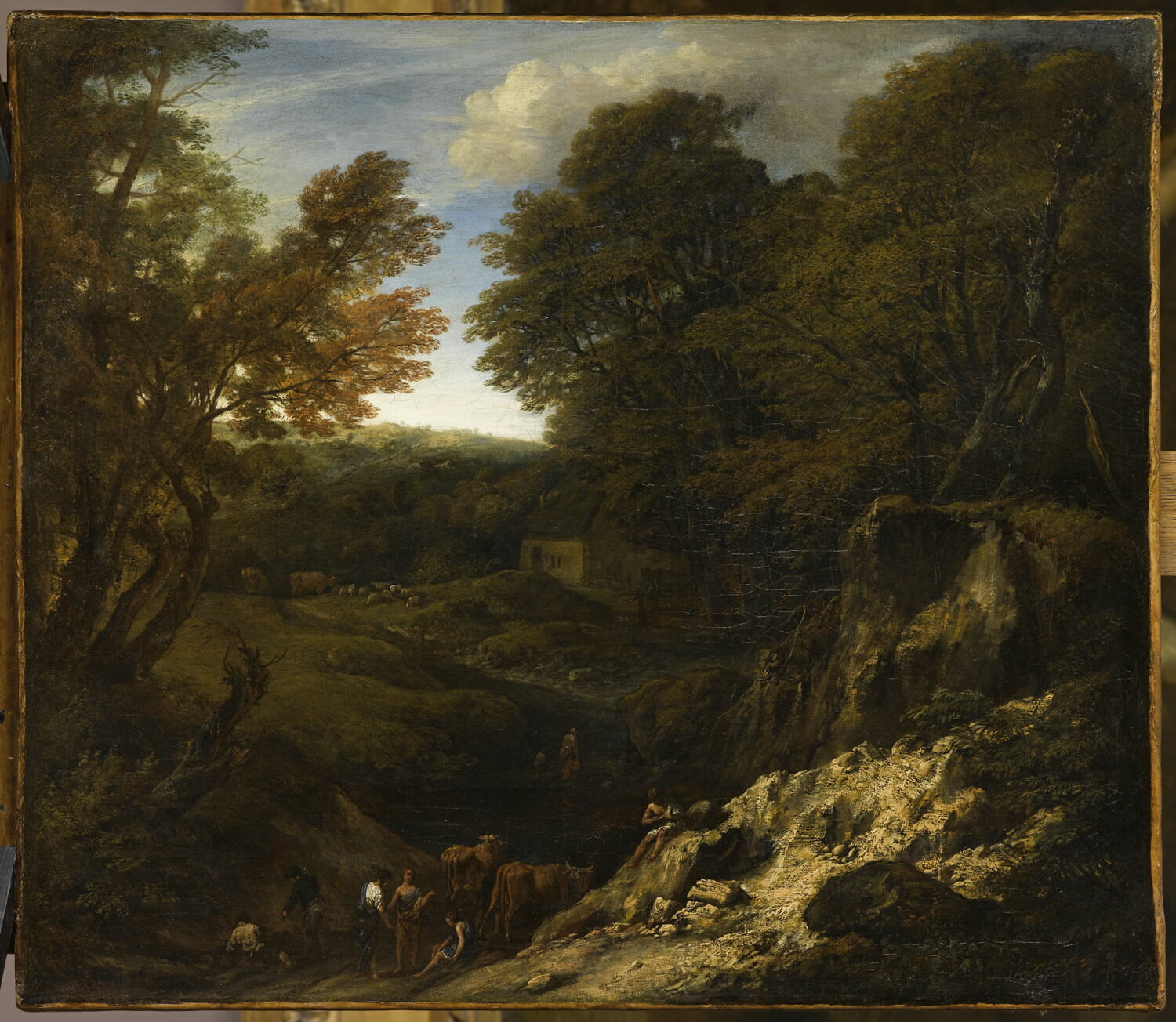 Paysage avec bergers et troupeau au bord d'une mare et près d'un talus fortement éclairé, Huysmans, Cornelis, Fin du XVIIe siècle (1690 - 1700)
