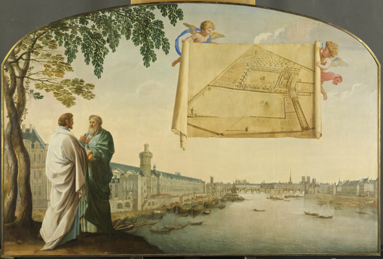 Vue de Paris avec le plan de la Chartreuse de Paris porté par deux angelots, Le Sueur, Eustache, 2e quart du XVIIe siècle (1625 - 1650)