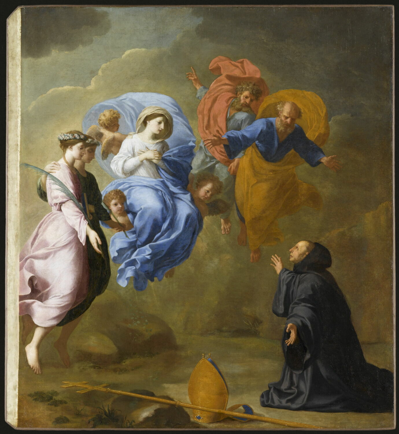 Apparition de la Vierge, accompagnée de sainte Agnès, sainte Thècle, saint Pierre et saint Paul à saint Martin, Le Sueur, Eustache, Milieu du XVIIe siècle (vers 1654 - 1655)