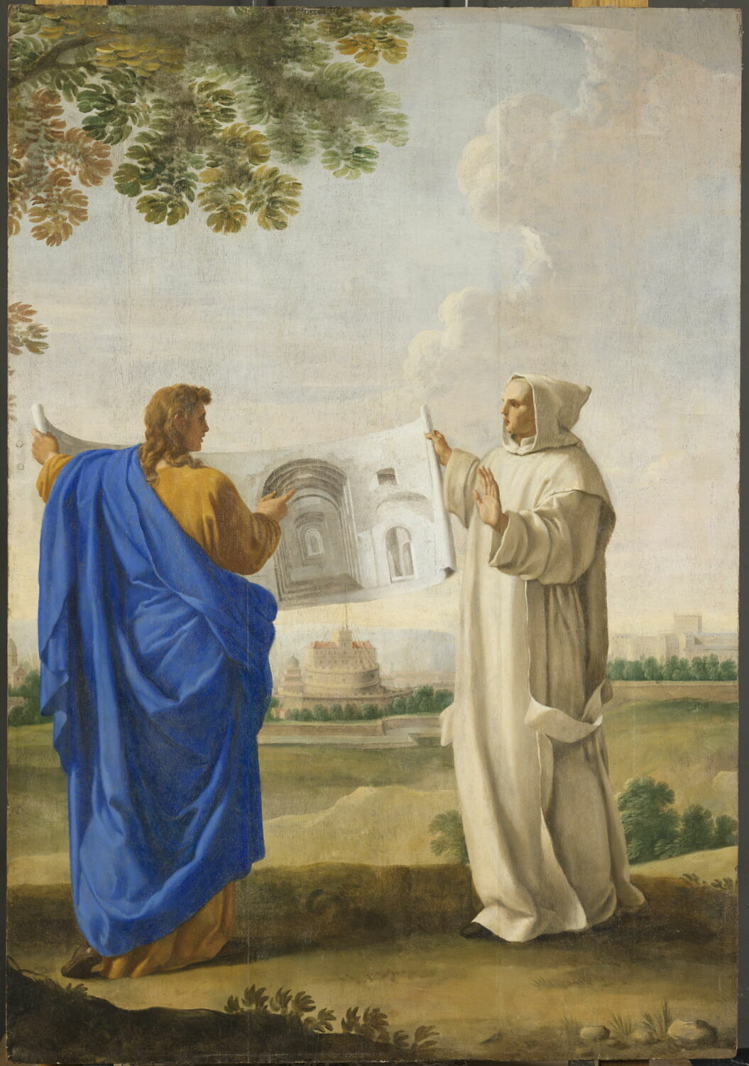 Saint Bruno examine un dessin des thermes de Dioclétien, emplacement de la future chartreuse de Rome, Le Sueur, Eustache, 2e quart du XVIIe siècle (1625 - 1650)