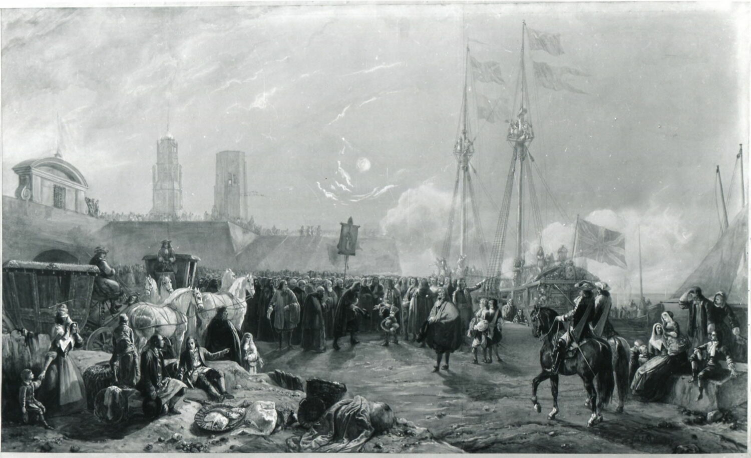 Débarquement : le roi Jacques II est reçu en France où il se réfugie, le 25 décembre 1688, Jaime, Jean François, 1e moitié du XIXe siècle (1839)