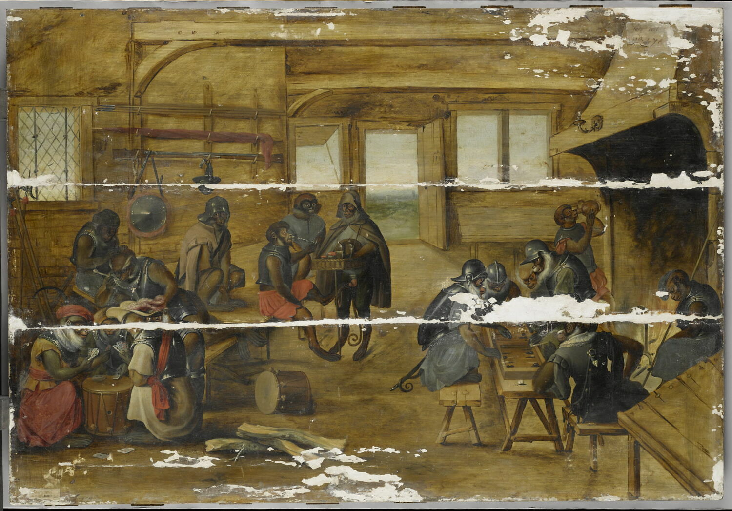 Corps de garde de singes militaires, buvant ou jouant aux cartes et au tric-trac, Teniers, David II, XVIIe siècle (1600 - 1700)