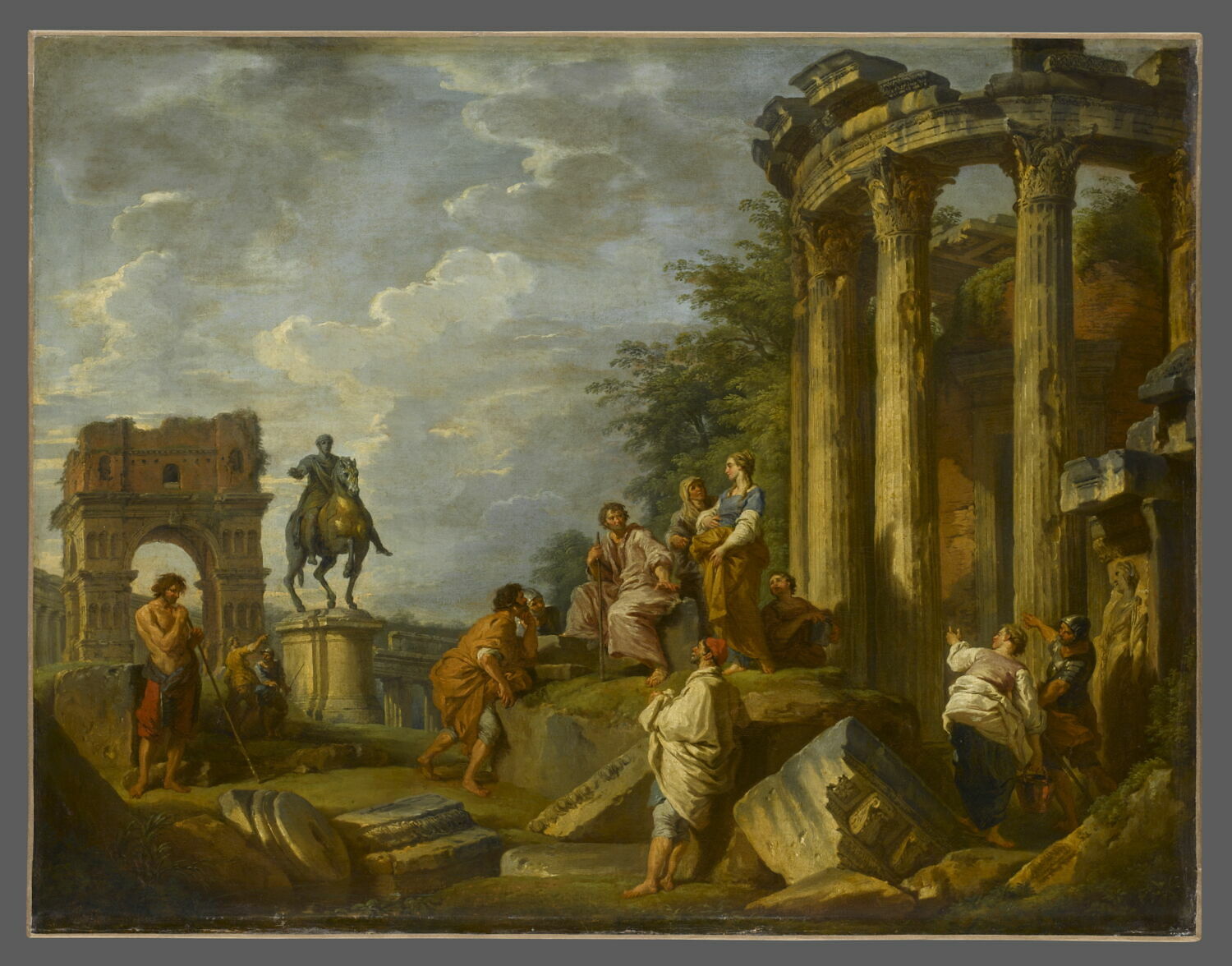 Ruines d'architecture avec l'arc de Janus, le temple de Vesta et la statue équestre de Marc-Aurèle, Panini, Giovanni Paolo, 2e quart du XVIIIe siècle (1743)