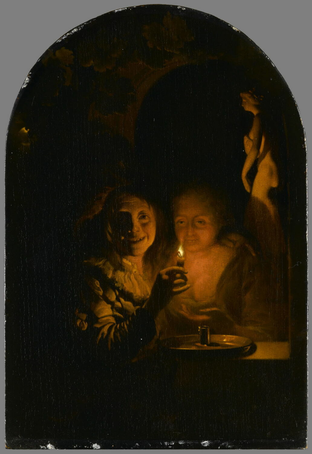 Couple d'amoureux éclairés par une bougie. Effet de lumière, Годфрид Схалкен, вторая половина XVII века (ок. 1665–1670)
