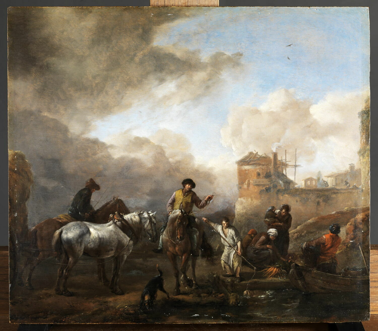 Charrette de foin et paysans au bord d’une rivière, recevant des légumes apportés dans une barque, Wouwerman, Philips, Milieu du XVIIe siècle (vers 1655)