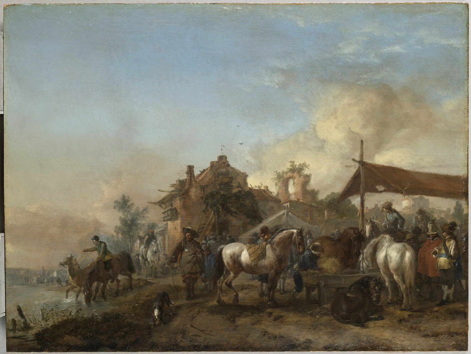 Halte de militaires faisant boire leurs chevaux, Wouwerman, Philips, Milieu du XVIIe siècle (vers 1660)