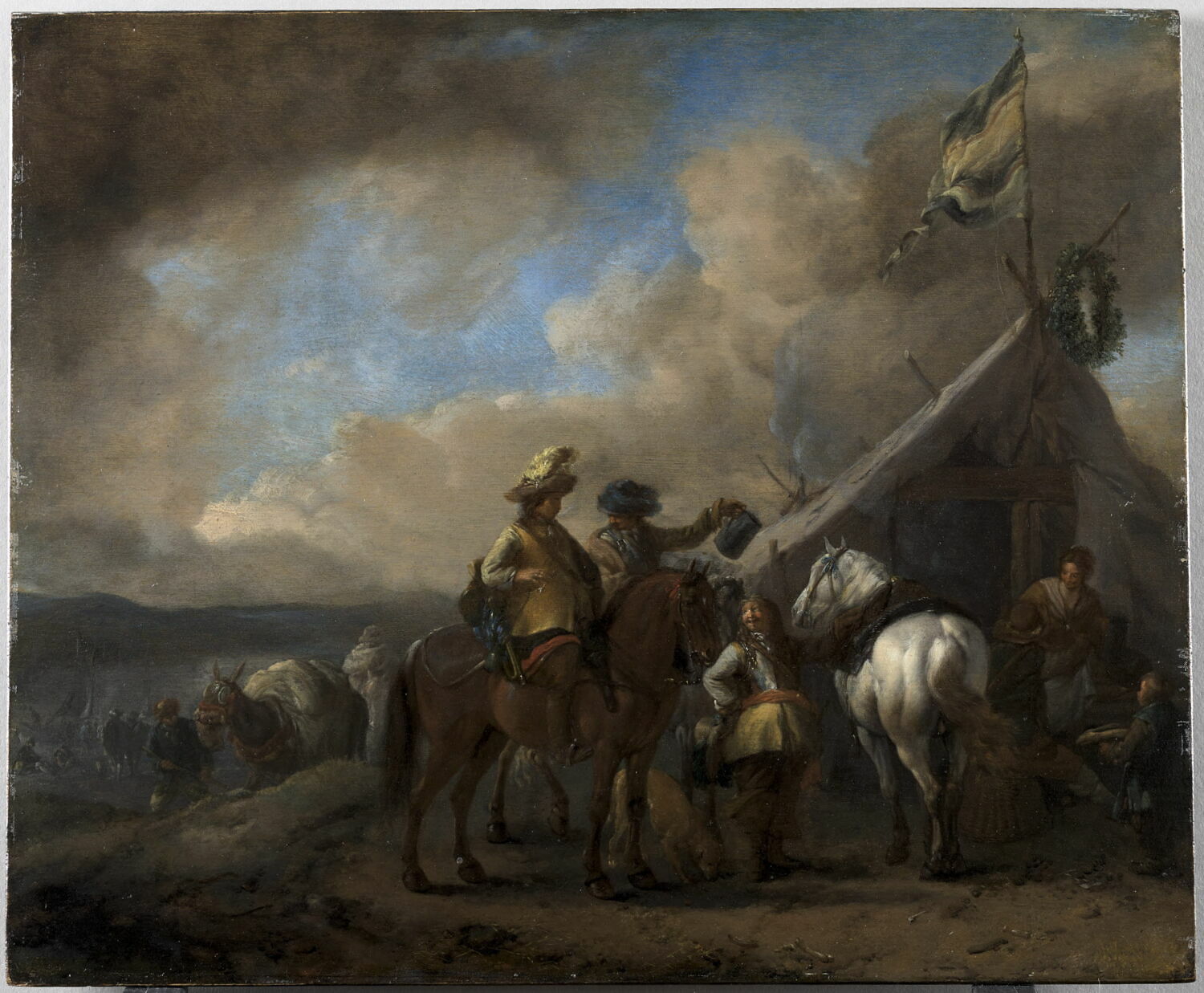 Militaires à cheval faisant halte devant la tente-auberge d’une cantinière, Wouwerman, Philips, 2e quart du XVIIe siècle (vers 1650)