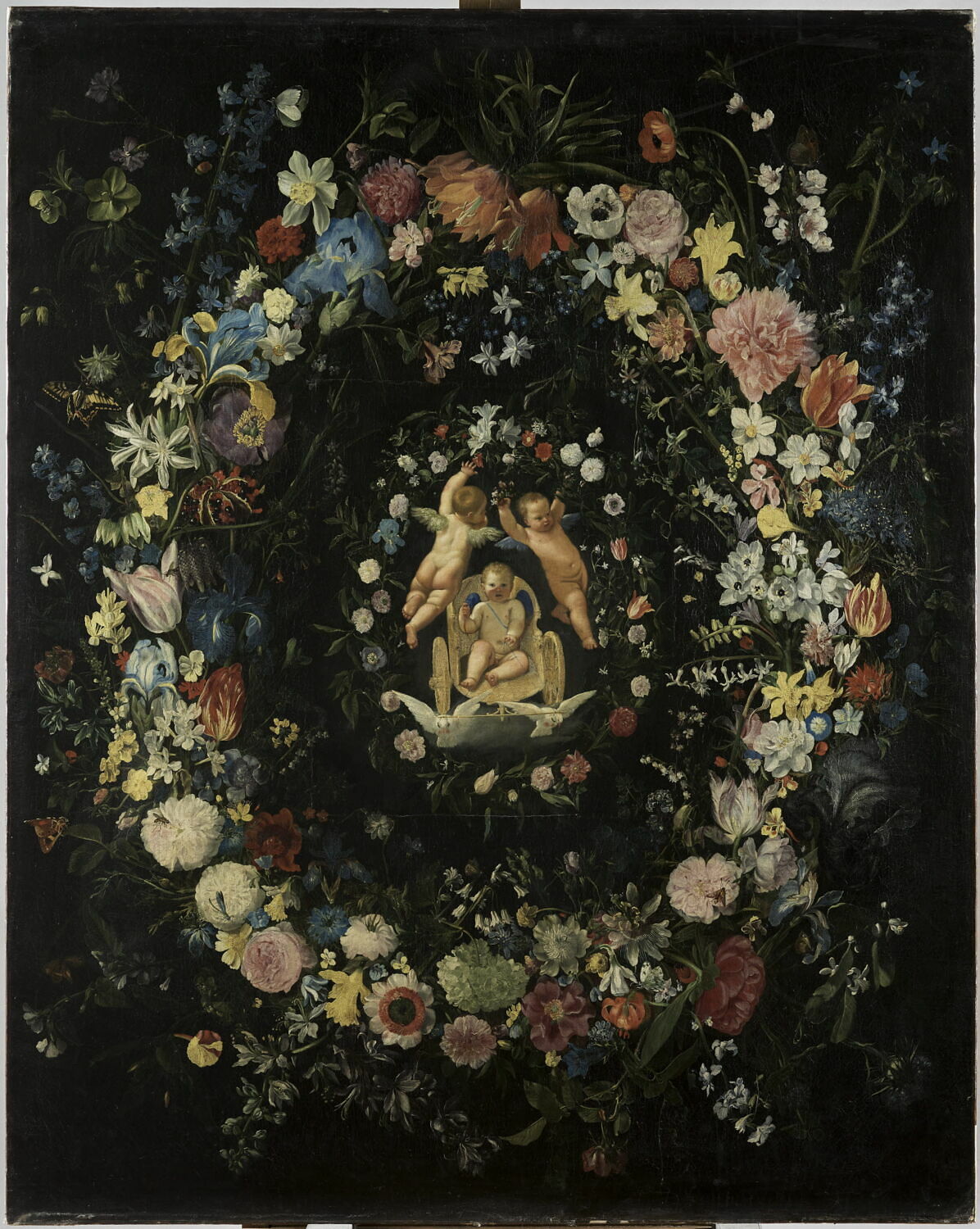 Guirlandes de fleurs entourant un médaillon représentant le triomphe de l'Amour, Seghers, Daniel, 2e quart du XVIIe siècle (Peint par Seghers à Rome, en séjour dans cette ville de 1625 à 1627.) (vers 1625 - 1627)