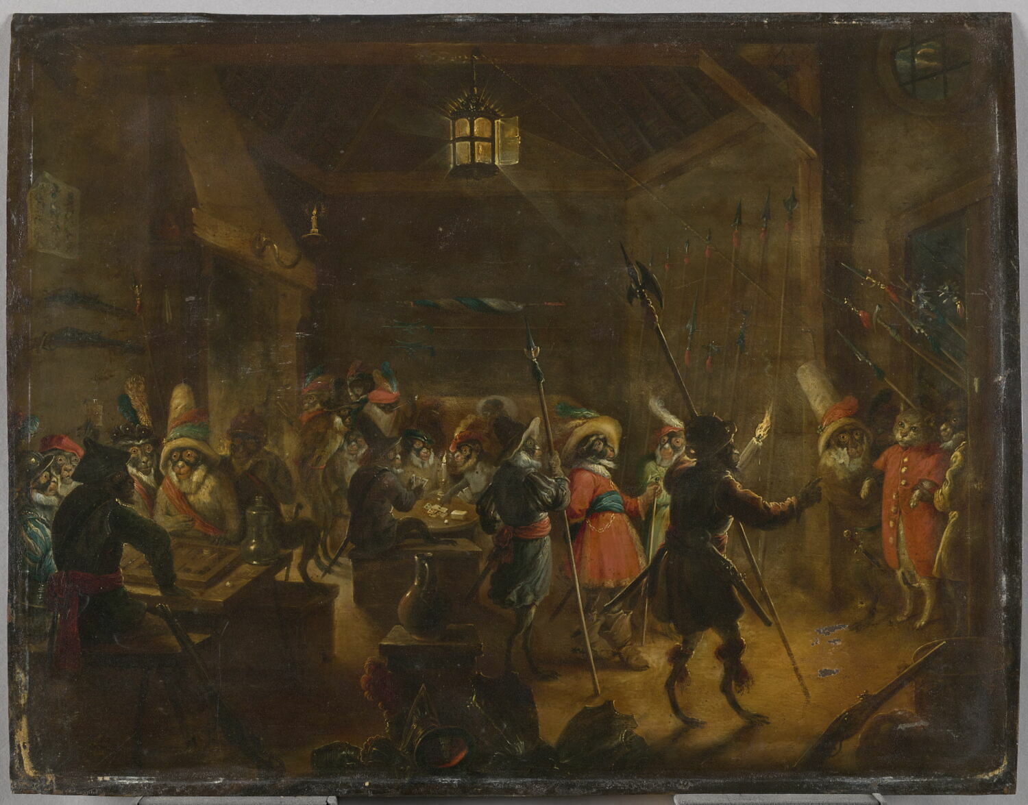Corps de garde de singes militaires, avec la capture d’un chat, Teniers, David II, XVIIe siècle (1600 - 1700)