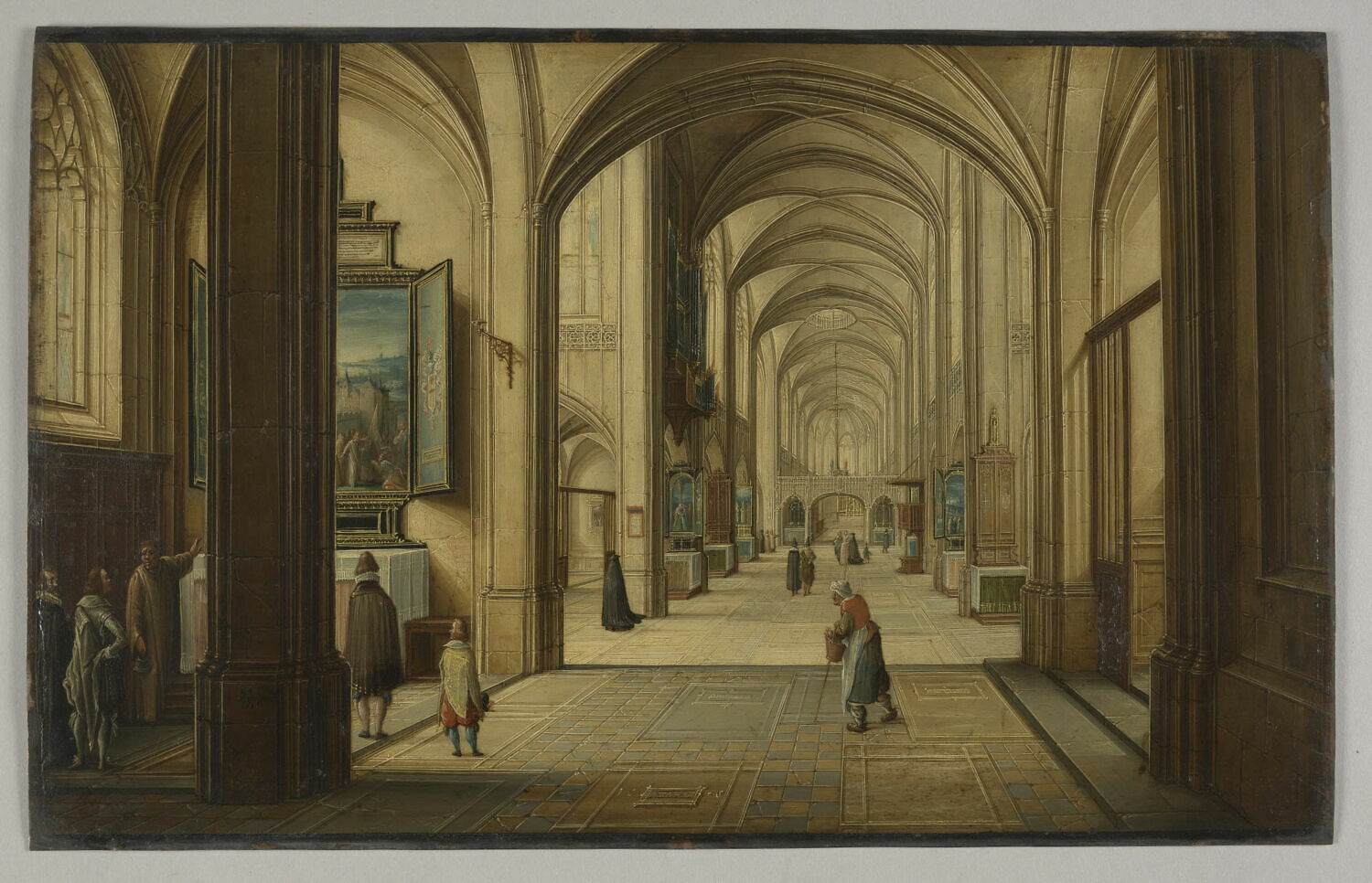 Intérieur d'église avec un sacristain ou un clerc désignant un retable à des visiteurs, Steenwyck II, Hendrik van, 1e quart du XVIIe siècle (1608)