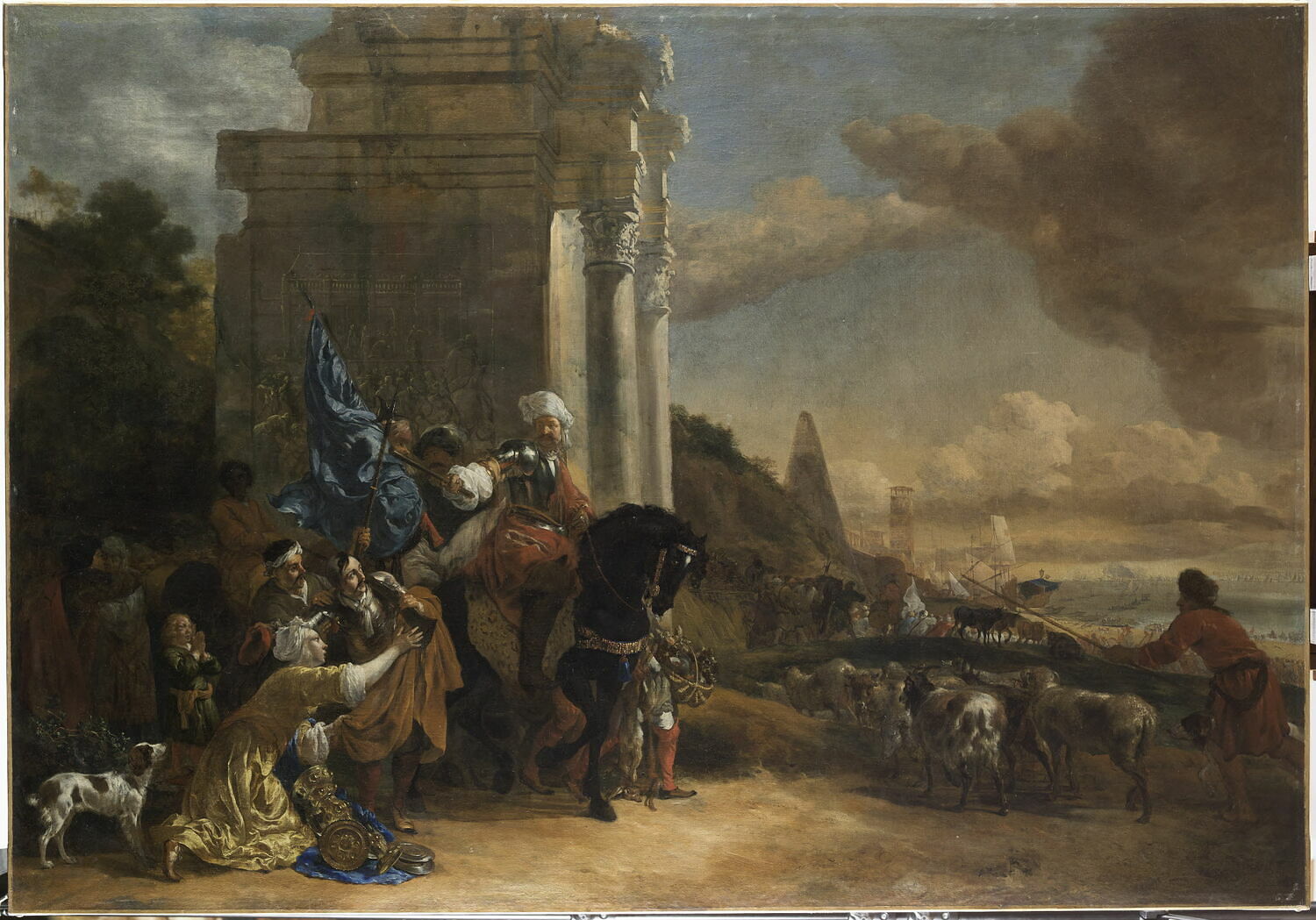 Départ d'une troupe orientale, dit autrefois Les Corsaires repoussés ou encore L’Embarquement d’un général avec sa troupe et adieux des parents à ses soldats, Weenix, Jan Baptist, Milieu du XVIIe siècle (vers 1647 - 1652)
