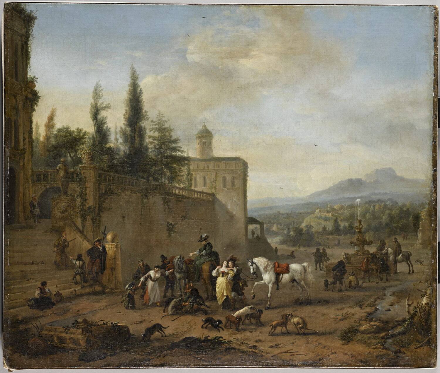 Le départ pour la chasse au pied d'un palais ou Le Départ pour la chasse à l’oiseau, Wouwerman, Philips, Milieu du XVIIe siècle (Œuvre de la dernière période de production de l’artiste, à situer dans les années 1660.) (vers 1660)