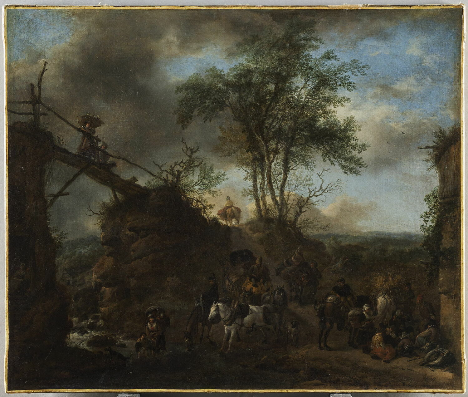 Traversée à gué d’une rivière avec pont de bois la surplombant, Wouwerman, Philips, Milieu du XVIIe siècle (vers 1655 - 1660)