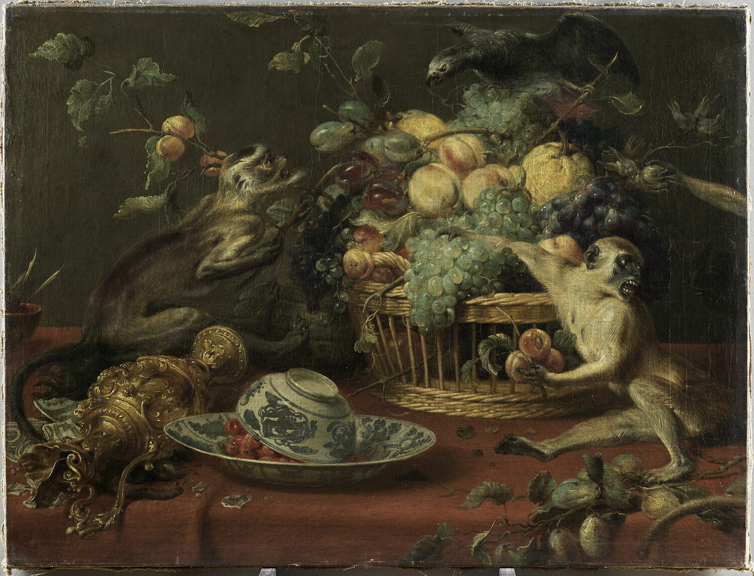 Singes et perroquet  auprès d'une corbeille de fruits, Snyders, Frans, Début du XVIIe siècle (vers 1630 - 1640)