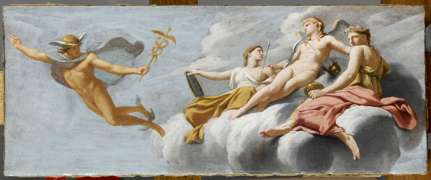 L’Amour, entouré de la Jeunesse et de la Beauté, ordonne à Mercure d’annoncer son pouvoir
à l’univers, Le Sueur, Eustache, 2e quart du XVIIe siècle (vers 1645)