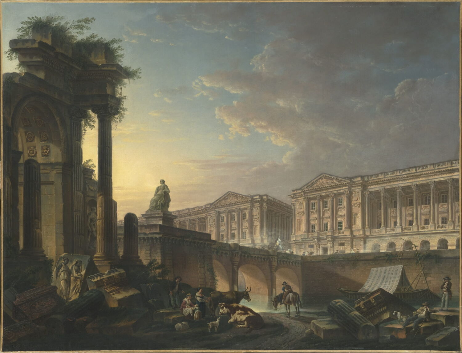Vue d'une partie du Pont-Neuf, avec la place de la Révolution et un arc de triomphe., Demachy, Pierre-Antoine, Fin du XVIIIe siècle (1792)