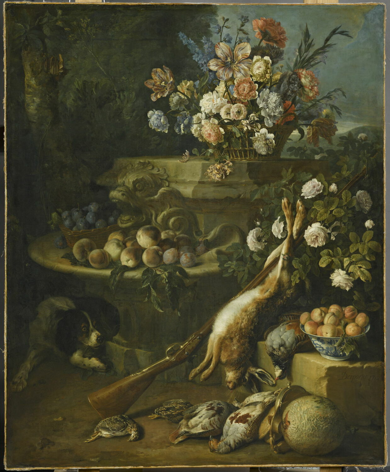 Gibier, fleurs, fruits et un chien., Desportes, Alexandre-François, 1e quart du XVIIIe siècle (1712)