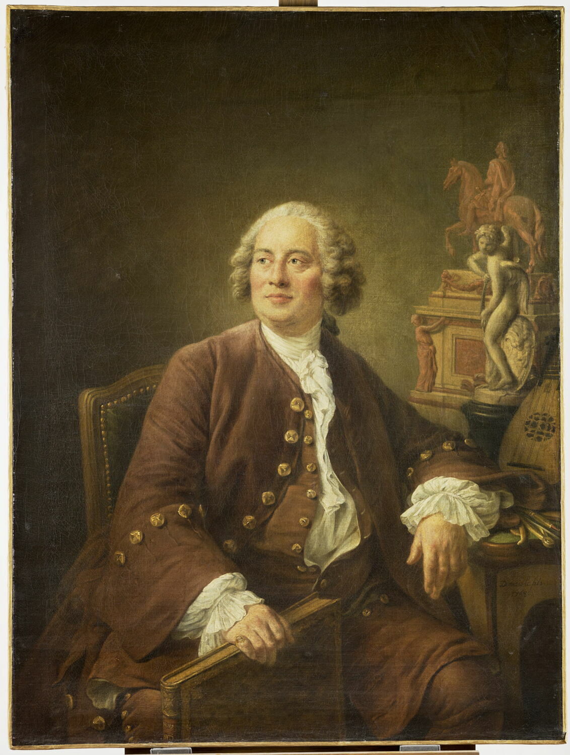 Edme Bouchardon ( 1698-1762), sculpteur; près de lui un modèle de "L'Amour taillant son arc" (marbre de 1750; au Louvre) et de la statue équestre de Louis XV (bronze de 1758; détruit)., Drouais, François Hubert, 3e quart du XVIIIe siècle (1758)
