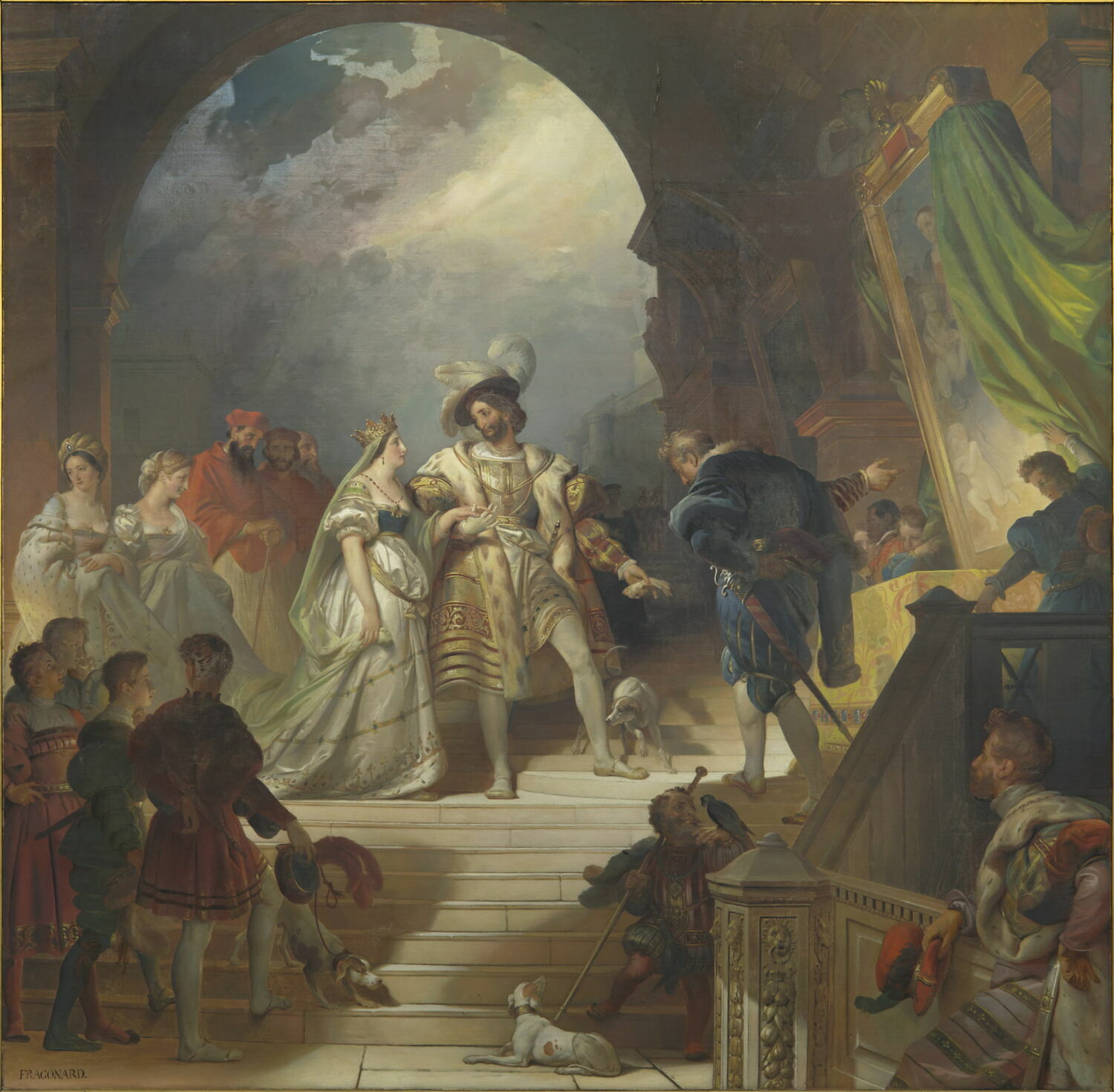 Plafond : François Ier, accompagné de la reine de Navarre, sa soeur, et entouré de sa cour, reçoit les tableaux et les statues rapportés d'Italie par le Primatice, Fragonard, Alexandre-Évariste, 2e quart du XIXe siècle (1827)