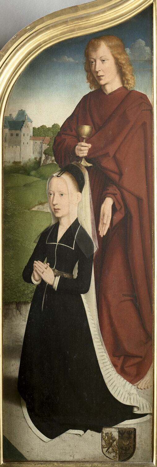 Triptyque de la famille Sedano : volet droit : Marie, épouse de Jean de Sedano, en prière avec saint Jean l'Évangéliste ; face externe : Ève, nue, David, Gérard, 4e quart du XVe siècle (1490 - 1495)