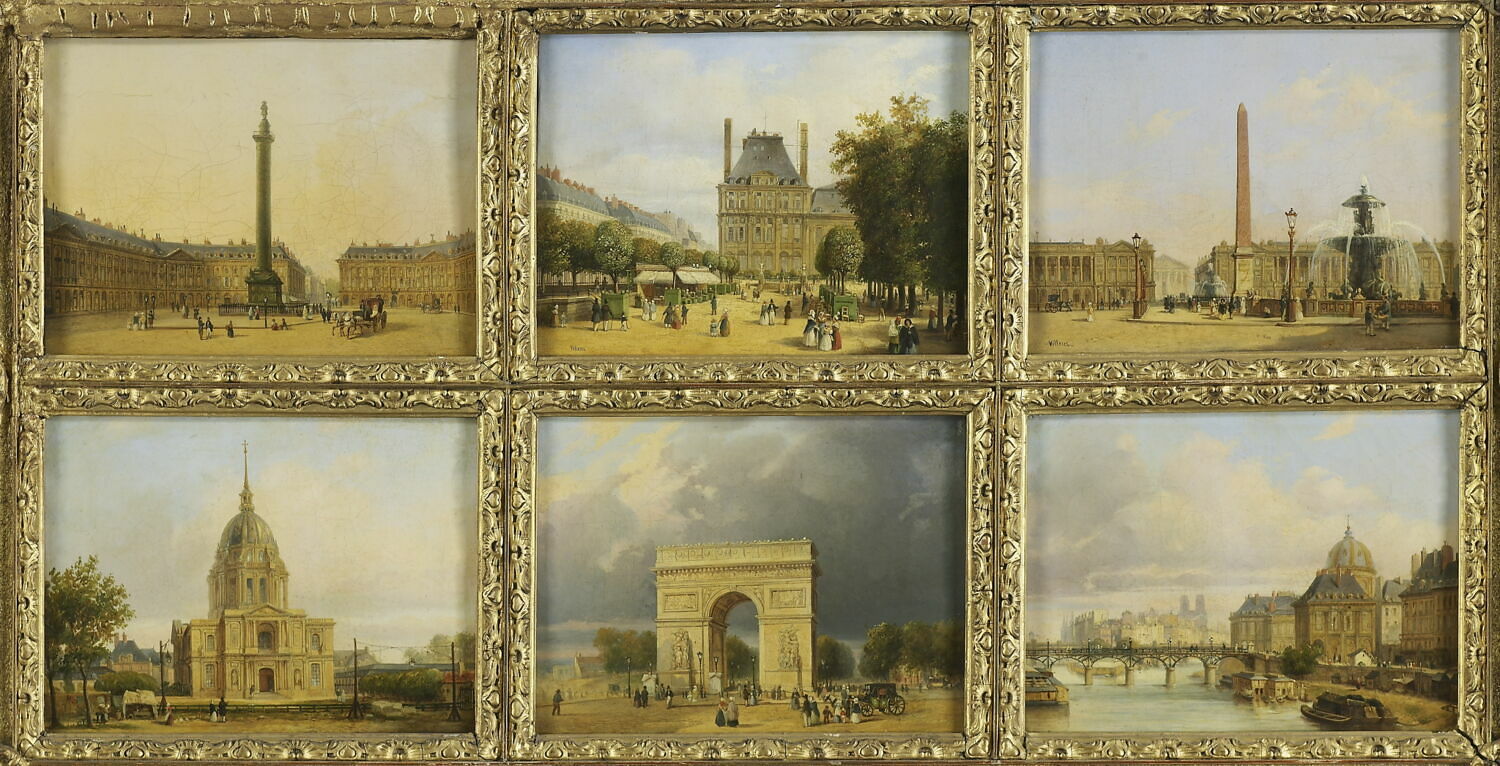 Six petites vues de Paris : Invalides, Place de la Concorde, Arc de Triomphe de l'Etoile, Pavillon de Marsan, Tuileries, Place Vendôme, Passerelle des Arts, Villeret, Francois Étienne, Milieu du XIXe siècle (1840 - 1860)