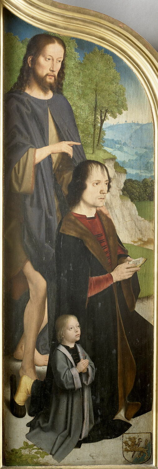 Triptyque de la famille Sedano : volet gauche : Jean de Sedano et son fils en prière, avec saint Jean Baptiste ; face externe : Adam, nu, David, Gérard, 4e quart du XVe siècle (1490 - 1495)