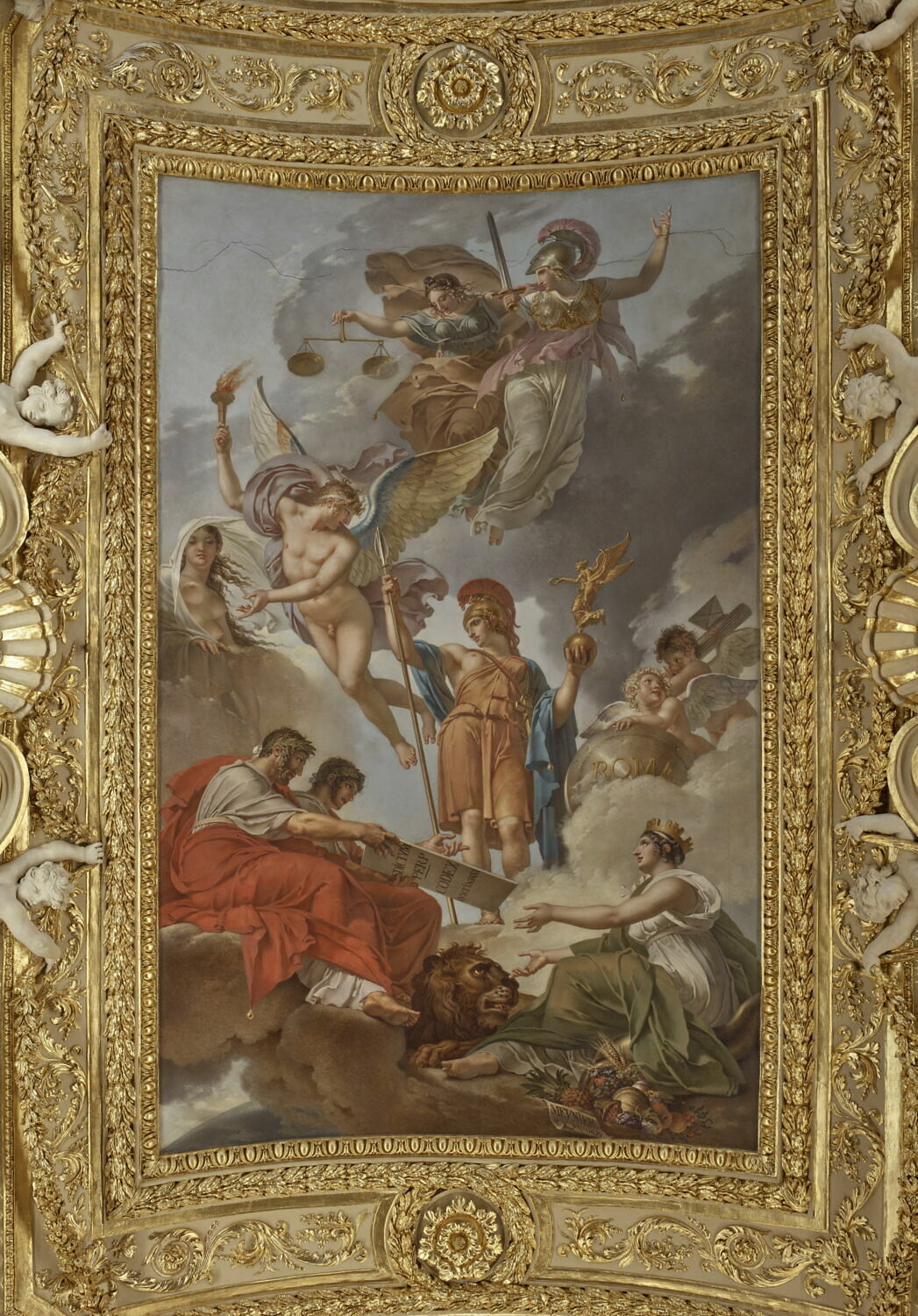 Plafond : La Terre recevant des empereurs Hadrien et Justinien le code des lois romaines dictées par la Nature, la Justice et la Sagesse, Meynier, Charles, 1e quart du XIXe siècle (1802 - 1803)
