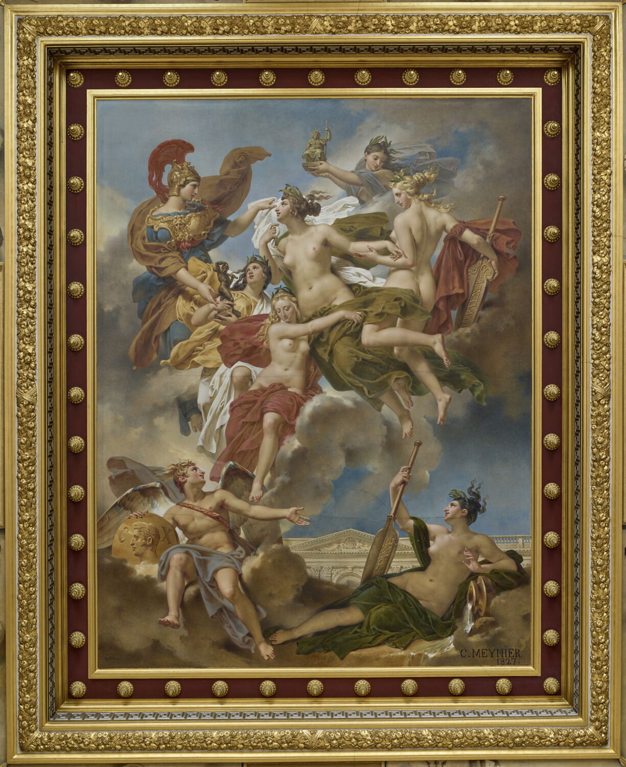 Les Nymphes de Parthénope, emportant loin de leurs rivages, les Pénates, images de leurs dieux, sont conduites par la déesse des Beaux-Arts sur les bords de la Seine, Meynier, Charles, 2e quart du XIXe siècle (1827)