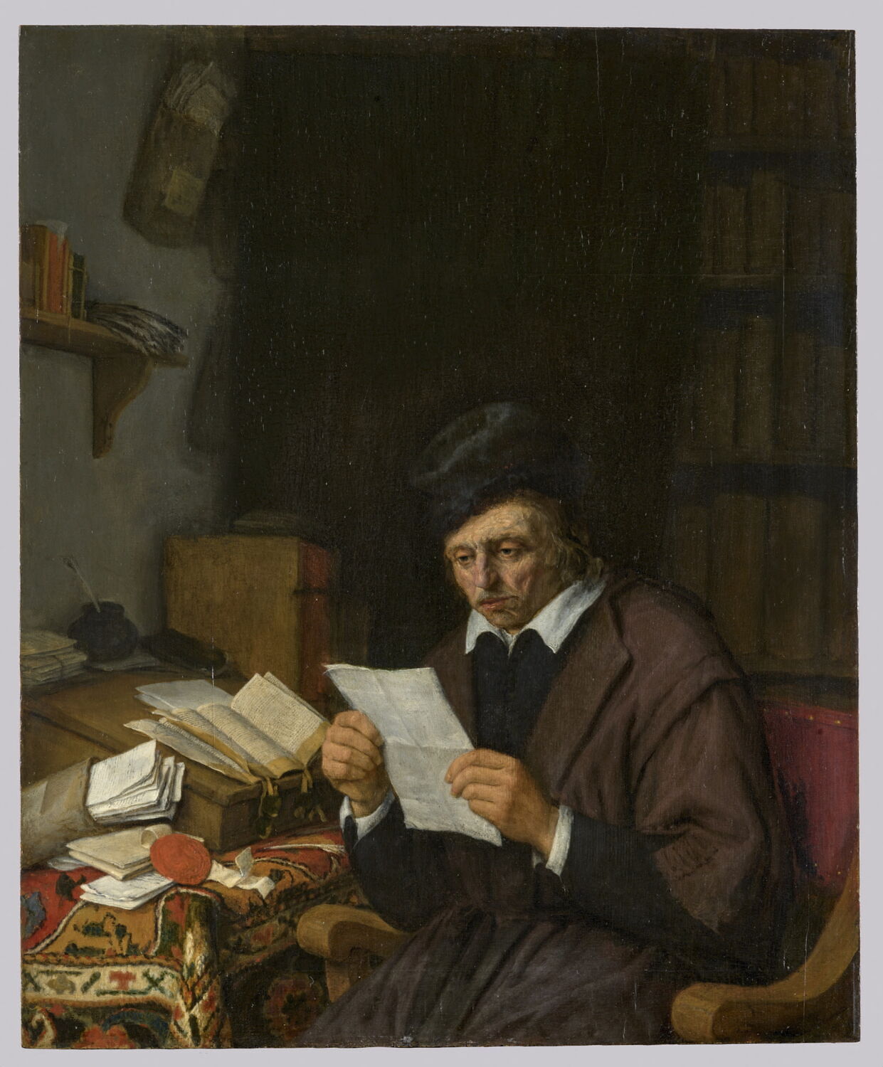 Homme lisant une lettre dans son cabinet, dit aussi Un notaire dans son étude ou Un procureur, Ostade, Adriaen van, XVIIe siècle (1660 - 1680)