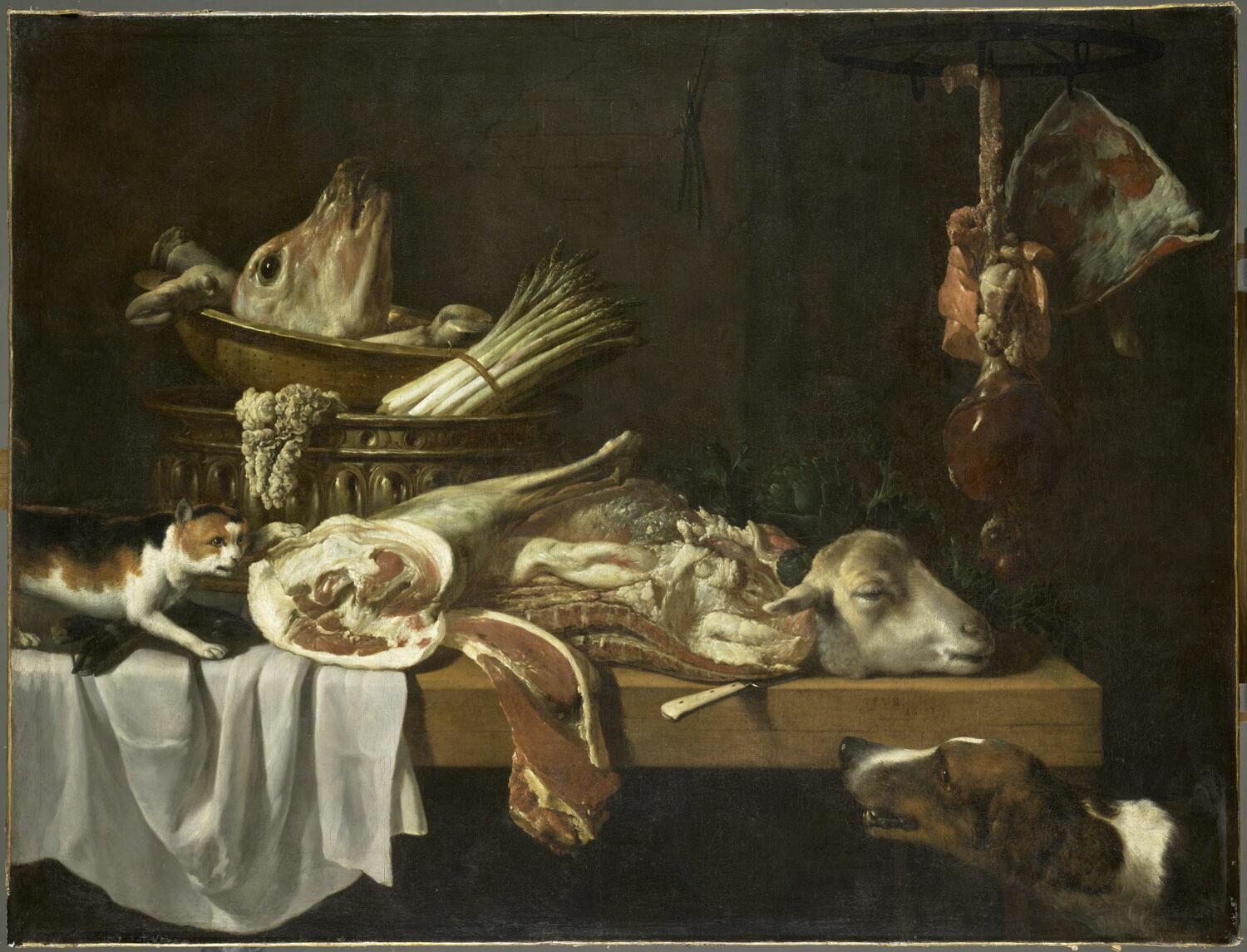 Viande de boucherie avec chien et chat, Boucle, Pieter van, 2e quart du XVIIe siècle (1651)