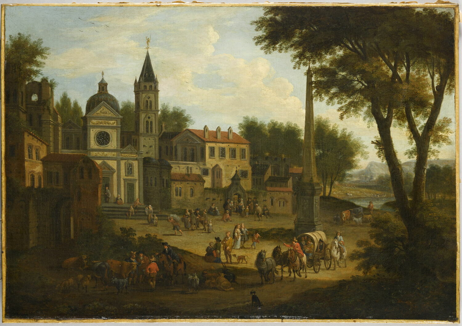 Carrefour avec église, couvent, obélisque et passants, Bout, Pieter, 2e moitié du XVIIe siècle (1650 - 1700)