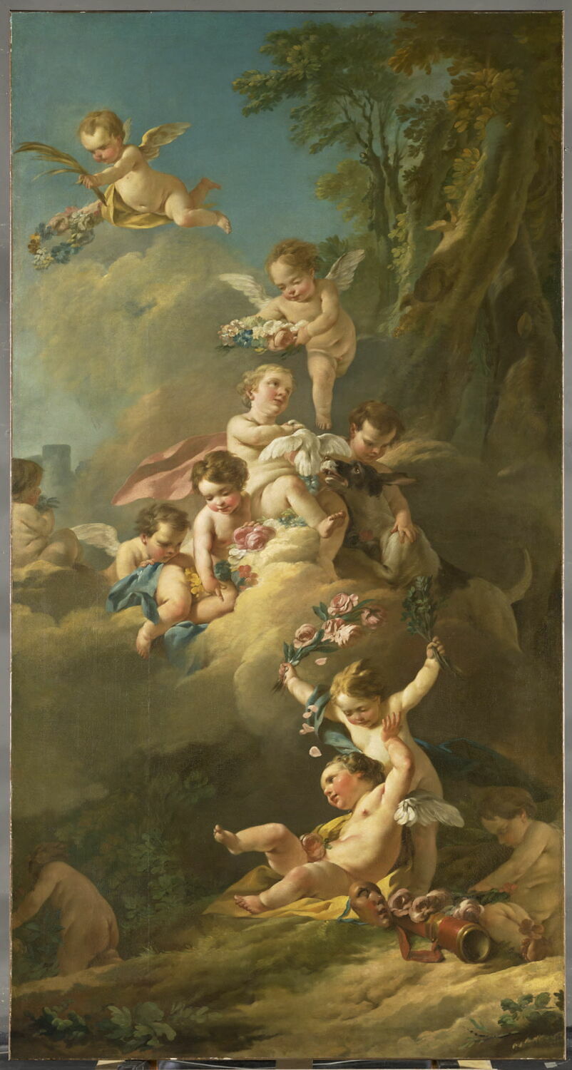Amours jouant avec des fleurs, un chien, une colombe et les attributs de la comédie, Pierre, Jean-Baptiste-Marie, 3e quart du XVIIIe siècle (1758)
