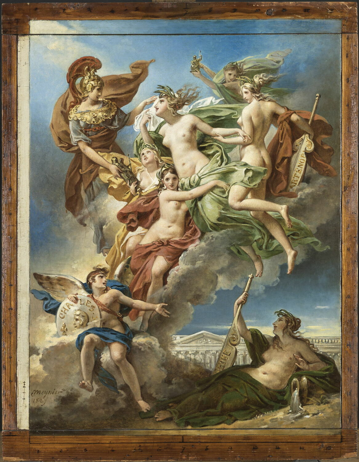 Esquisse de plafond : Les Nymphes de Parthénope, emportant loin de leurs rivages les Pénates, images de leurs dieux, sont conduites par la déesse des Beaux-Arts sur les bords de la Seine, Meynier, Charles, 1e quart du XIXe siècle (1827)