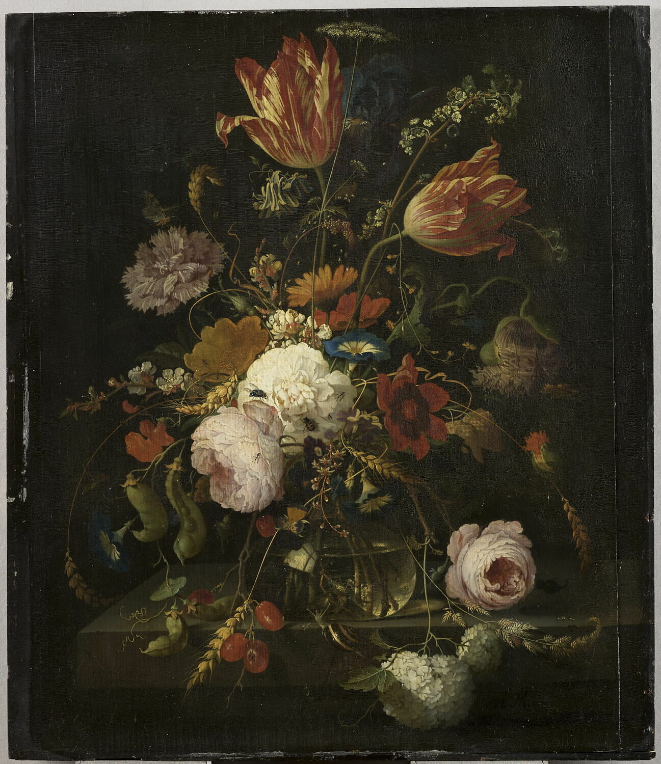 Fleurs dans une carafe de cristal, avec une branche de pois et un escargot, Mignon, Abraham, XVIIe siècle (1600 - 1700)