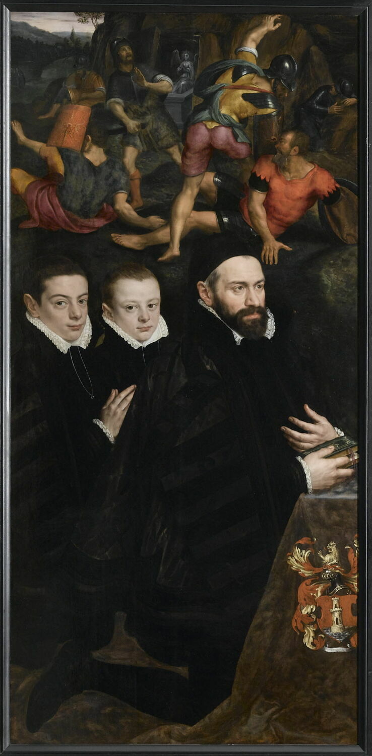 Portrait d'Antonio del Rio et ses fils (Martin, Antoine et Jérôme), avec la Résurrection du Christ à l'arrière-plan, Key, Adriaen Thomasz., 2e tiers du XVIe siècle (1535 - 1590)