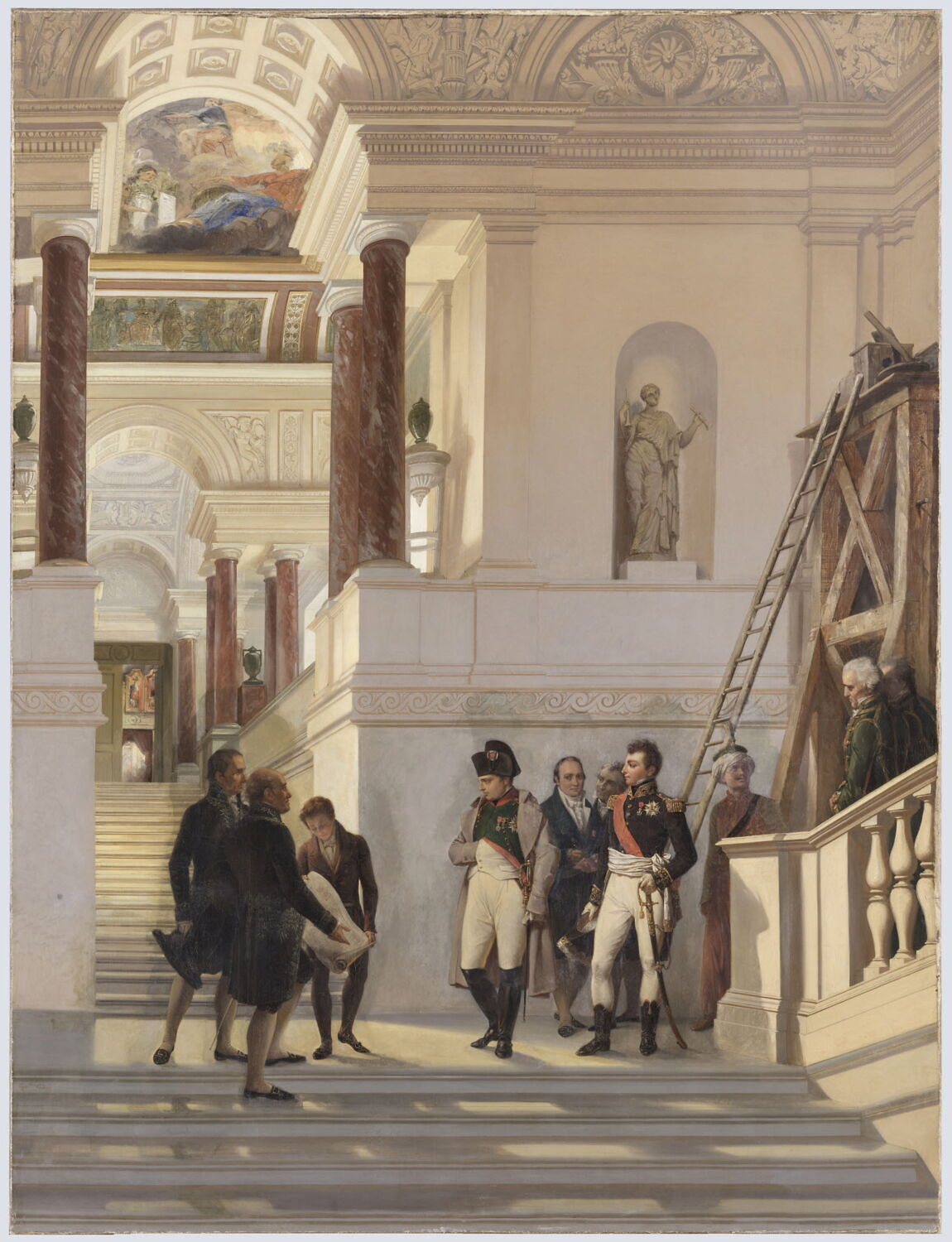 Napoléon visitant l'escalier du Louvre avec Percier et fontaine, Couder, Auguste, XIXe siècle (1800 - 1900)