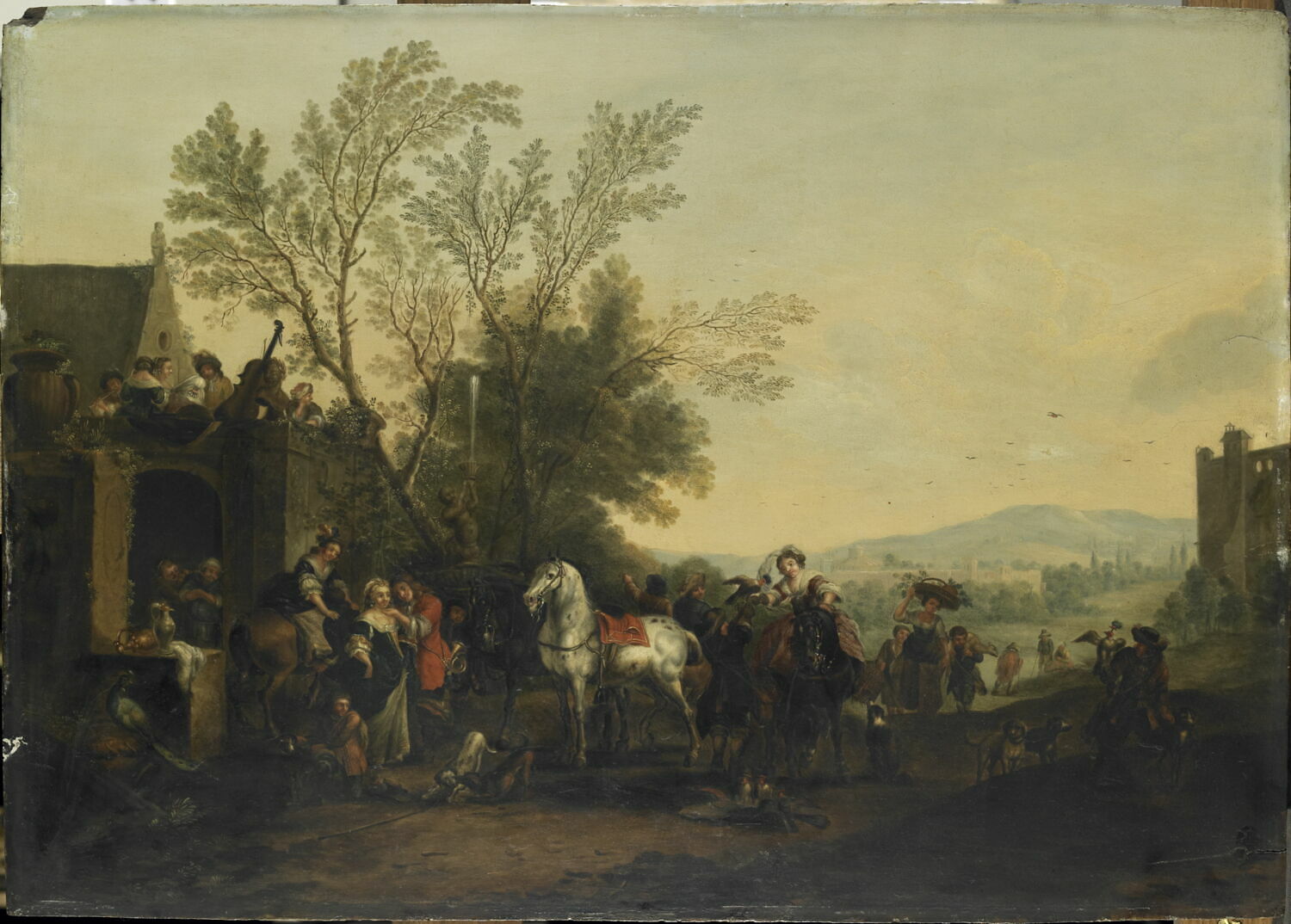 Halte de chasse à la porte d'une hôtellerie ou La Chasse aux éperviers, Wouwerman, Philips, XVIIe siècle (1600 - 1700)