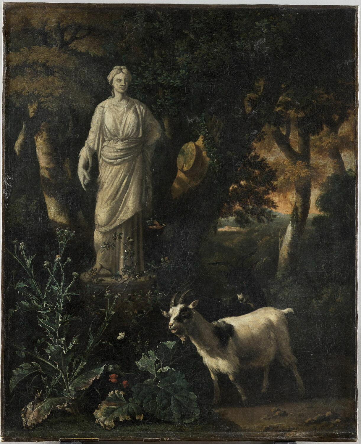 Deux Chèvres au pied d'une statue de déesse antique, Begeyn, Abraham Jansz., 2e moitié du XVIIe siècle (1663)