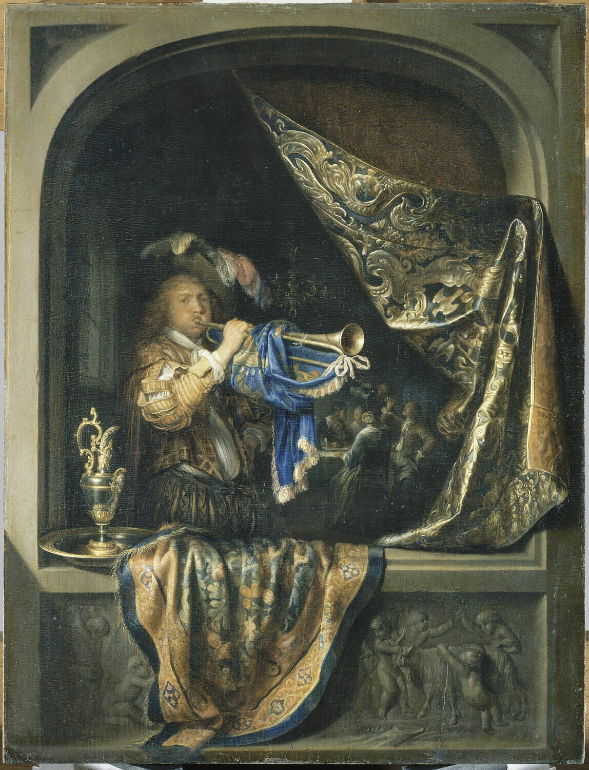 Le joueur de trompette, avec à l'arrière-plan une scène de festin, Dou, Gerard, 3e quart du XVIIe siècle (vers 1660 - 1665)