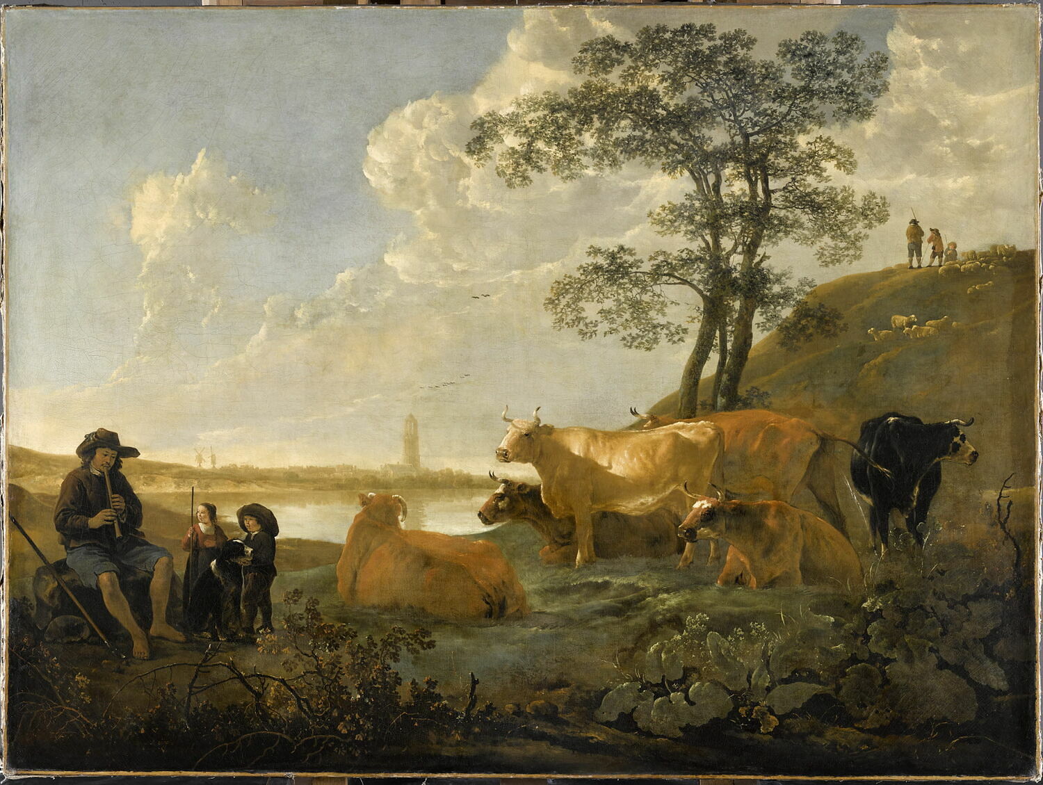 Paysage près de la ville de Rhenen : vaches au pâturage et berger jouant de la flûte, Cuyp, Aelbrecht, 2e quart du XVIIe siècle (vers 1650 - 1655)