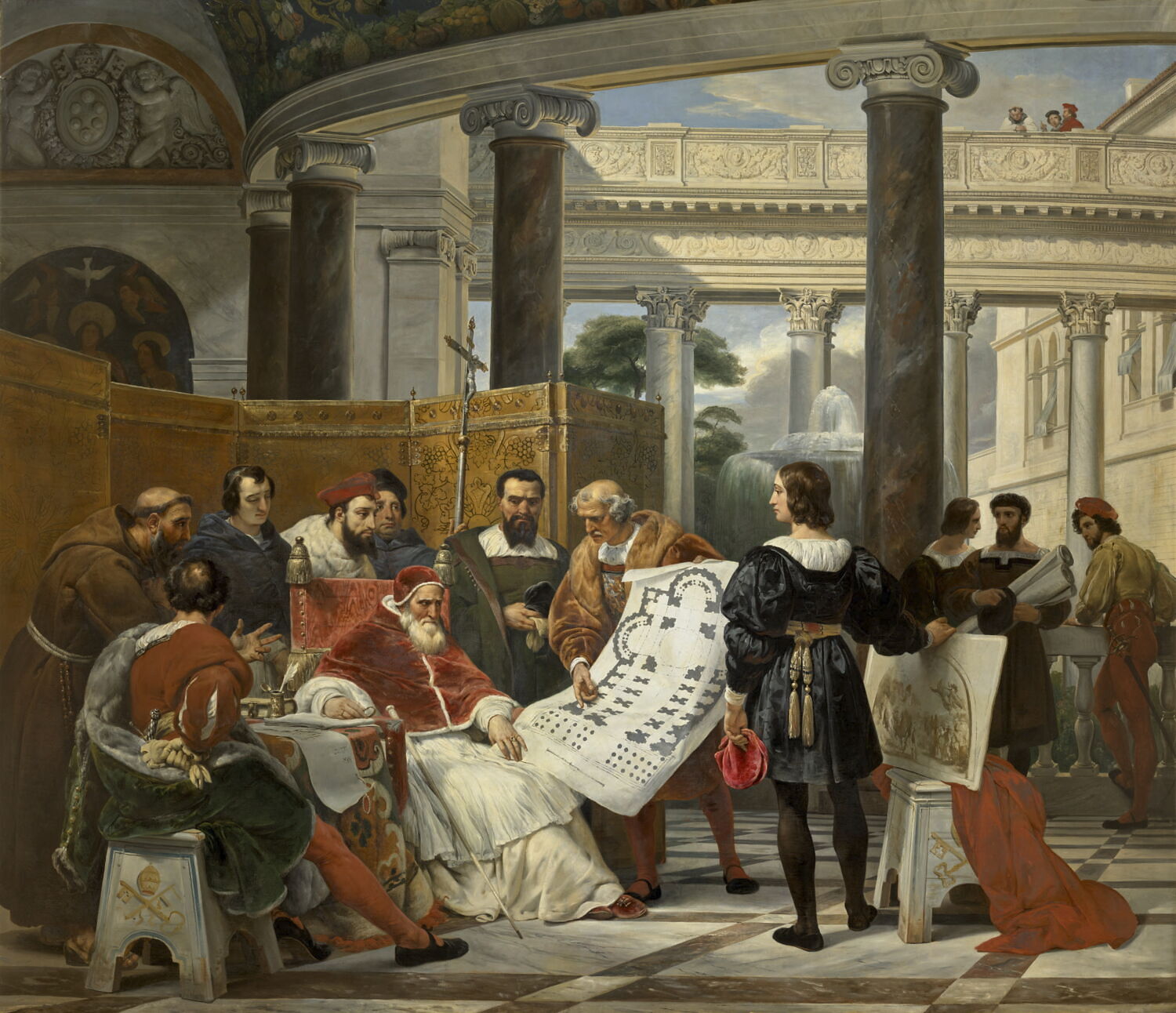 Jules II ordonnant les travaux du Vatican et de Saint-Pierre à Bramante, Michel-Ange et Raphaël, Vernet, Horace, 1e quart du XIXe siècle (1827)