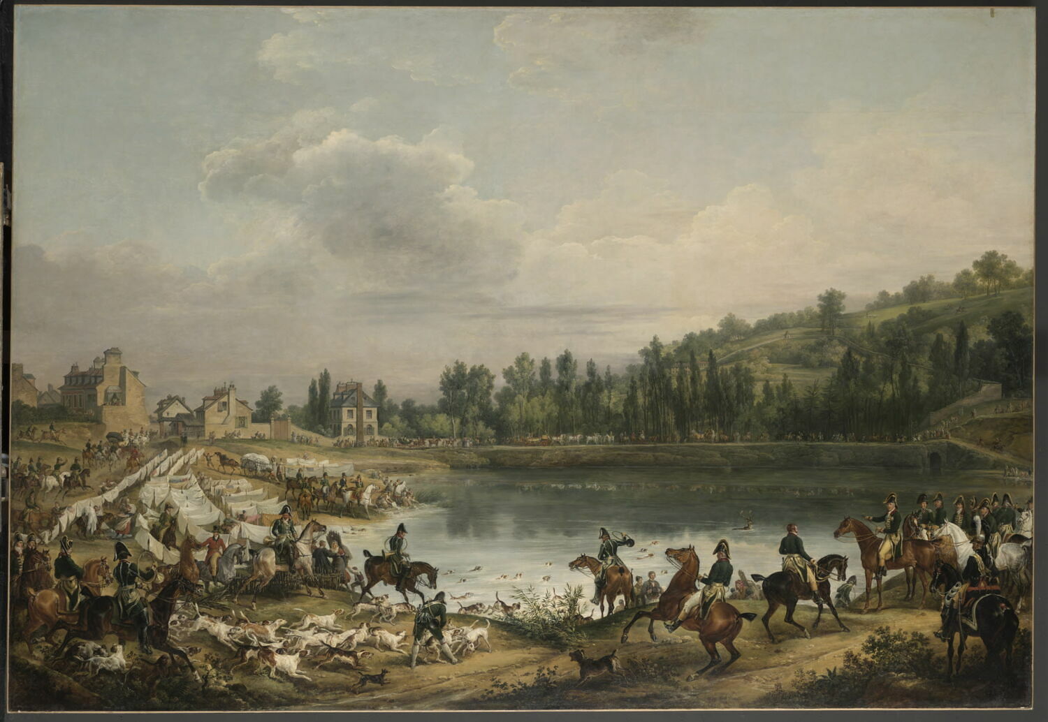 Chasse au daim pour la Saint-Hubert, en 1818, dans les bois de Meudon. Le passage de l'eau dans l'étang de Ville-d'Avray, en présence du comte d'Artois (futur Charles X) et du duc de Berry, Vernet, Antoine-Charles-Horace, 2e quart du XIXe siècle (1825)