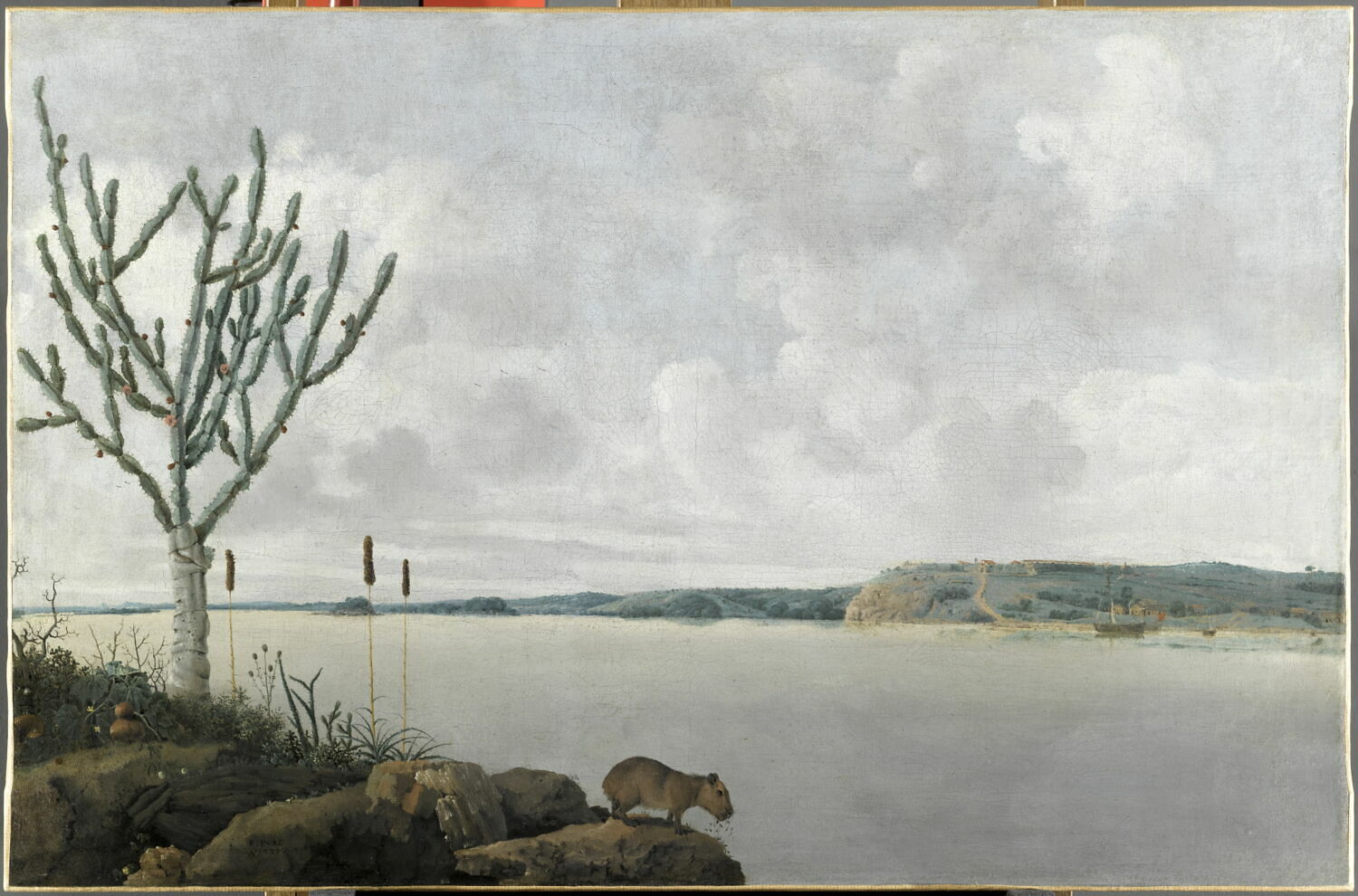 Le Rio San Francisco et le fort Maurice, avec un "capivara" (gros rongeur) au premier plan, au Brésil, Post, Frans, 2e quart du XVIIe siècle (1625 - 1650)